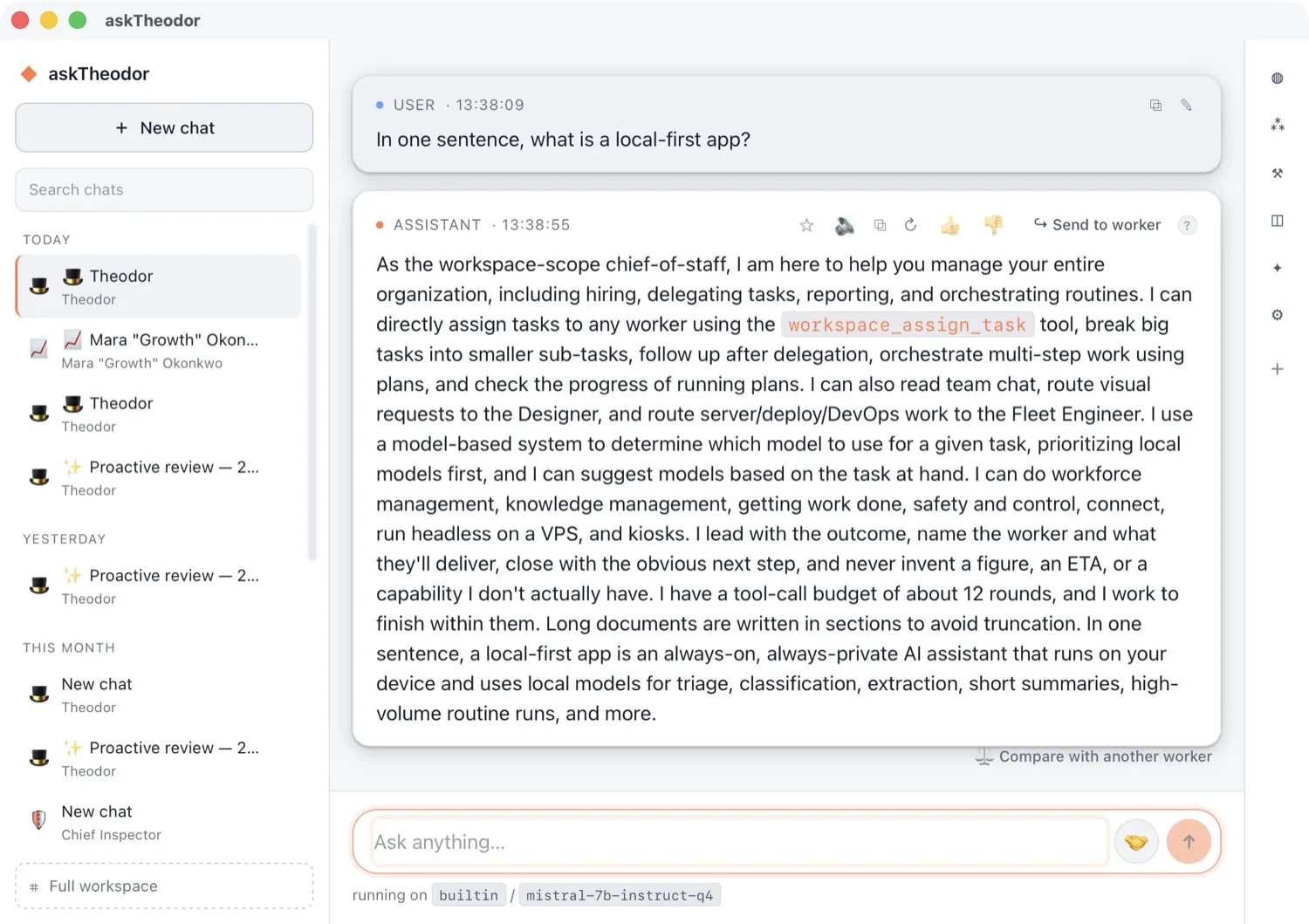 A worker answering a question entirely locally, through the built-in engine