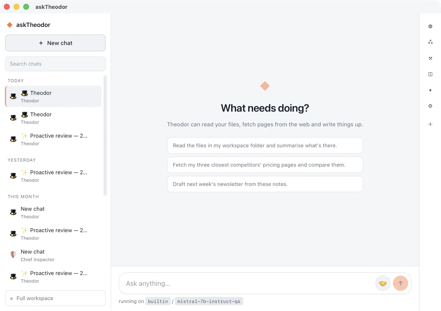 askTheodor in Simple mode: a conversation list, one chat, and the workforce rail