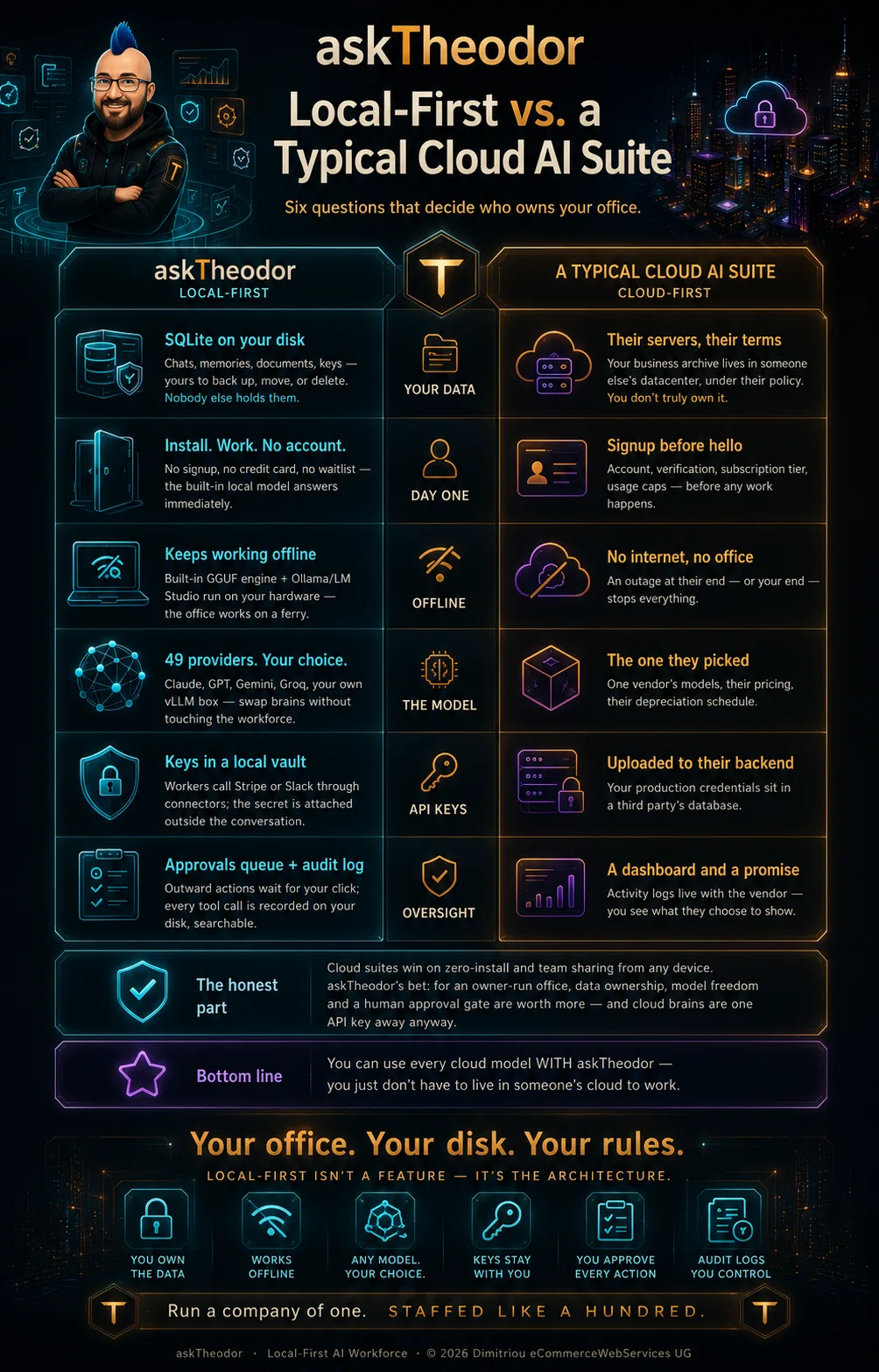 Local-first vs. a typical cloud AI suite